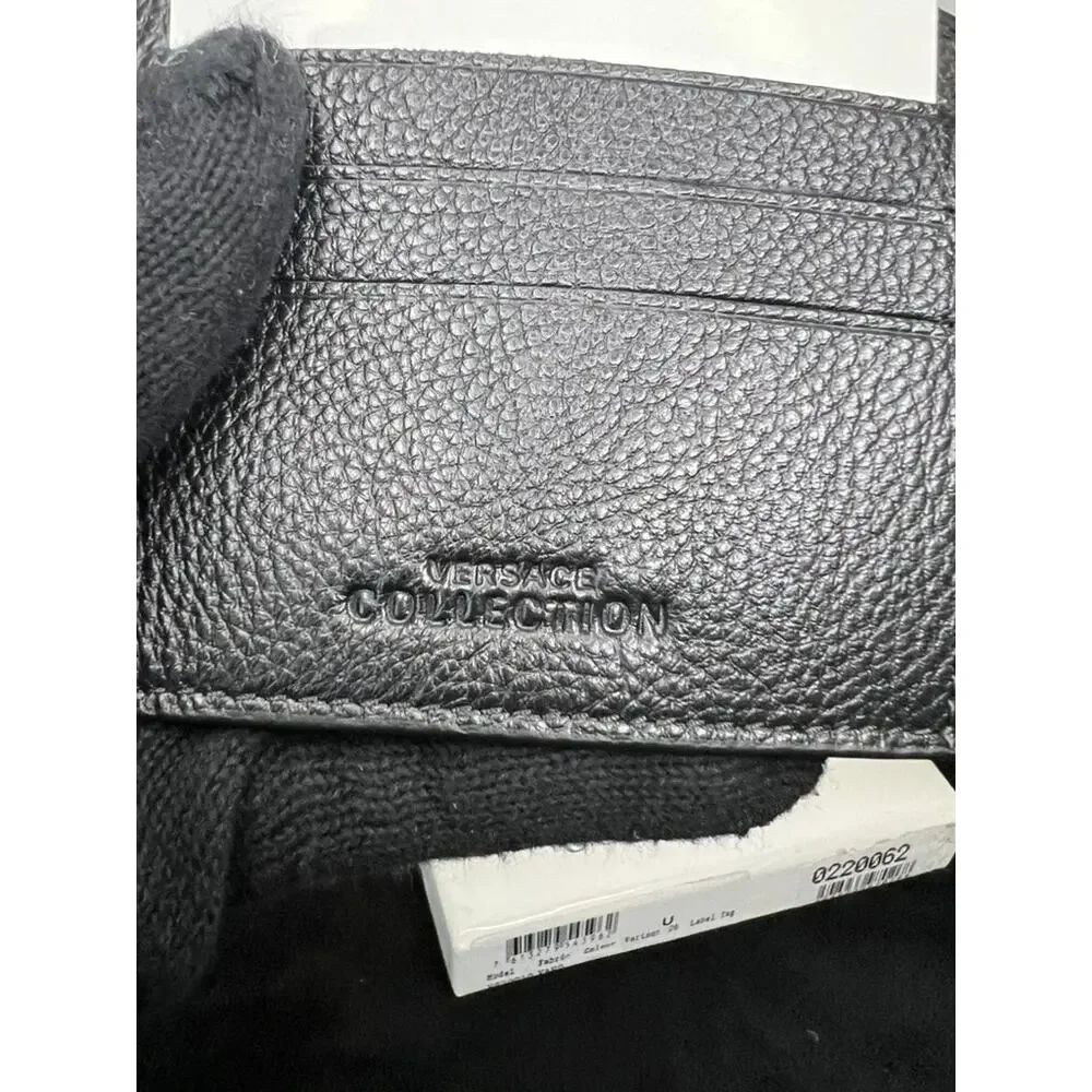 Versace Collection Black Pebbled Leather Bifold Wallet Medusa Auth Box